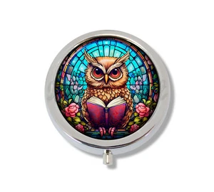 FAUX Stained Glass Reading Owl - Pill Box Container Meds, Candy Vitamin, Jewelry - Picture 1 of 4