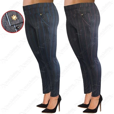 PANTALONES INTELIGENTES SEÑORA A RAYAS TWEED MUJER CINTURA ELÁSTICA TALLA GRANDE PANTALONES 14-20 Foto 1 de 3