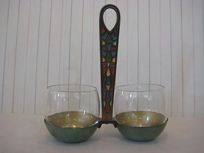 Juego de azucarero y crema de cristal Israel vintage con soporte de latón esmaltado Foto 1 de 4