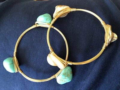 ARTISAN WIRE WRAPPED TURQUOISE HOWLITE & PEARLIZED BANGLE 2 BRACELETS - Image 1 of 4