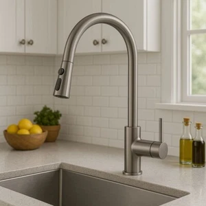 Kitchen Sink Faucet Brushed Nickel Single Handle Swivel Pull Down Sprayer Mixer - Picture 1 of 4
