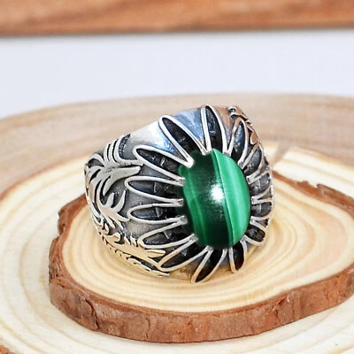 Anillo de plata de ley 925 de corte ovalado de malaquita estilo turco para hombre joyería Foto 1 de 3