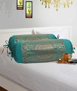 Round Bolster Cushion Pad Green Silk Yoga Massage Neck Roll Pillow Sofa Covers - Picture 1 of 5