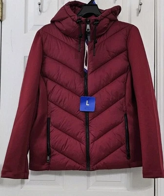¡NUEVO! Chaqueta acolchada con capucha y cremallera DKNY para mujer paneles laterales - roja talla L  Foto 1 de 4