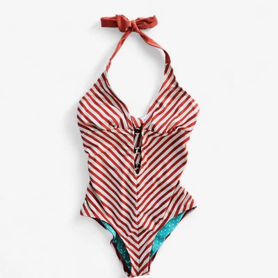Guess Y2K Vintage Red Stripped Halter Plunge Neck One Piece Bathing Swim Suit XS - Image 1 of 4