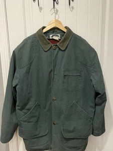 Vintage L.L. Bean Field Jacket Men's Green Canvas Barn Coat Wool Plaid Lining - Picture 1 of 23