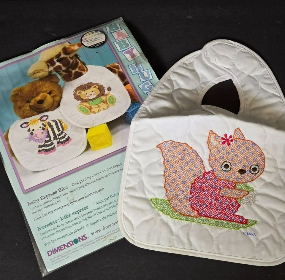 Vtg Dimensions Stamped Cross Stitch Bibs Lion & Zebra + bonus FINISHED Squirrel - Image 1 of 4