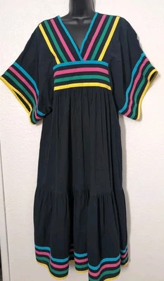 Appel MuuMuu House Dress Womens Med Boho Loungewear Black Colorful Trim Vintage  - Image 1 of 4