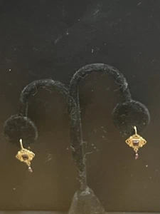 14K Yel Gold Garnet 1” Dangle Drop Earrings 3.0 g. Signed VG Not Scrap $81/g. - Picture 1 of 9