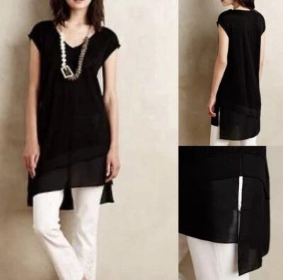 Deletta Anthropologie Black Asymmetrical Chiffon Hem Long Linen Tee Wm Sm - Image 1 of 4