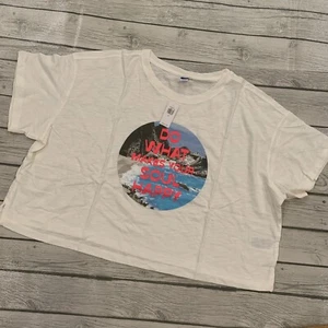 Old Navy Womens XL Shirt Do What Makes Happy Boxy Tee Cropped Logo Ocean New - Picture 1 of 11
