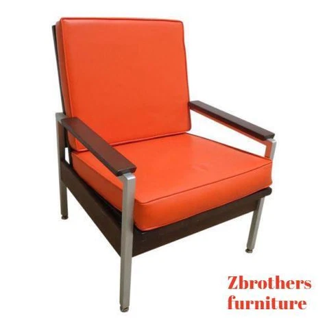 Vintage Mid Century Aluminum Walnut Orange Vinyl Lounge Arm Chair Cover