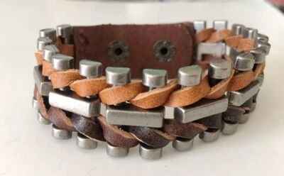 HOMBRE/Mujer Cadena y Cuero Genuino Pulsera Hebilla Cinturón Pulsera/Brazalete 7.2"-8" Foto 1 de 4