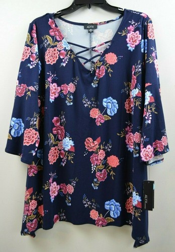 Top blusa donna ALYX blu navy morso di squalo floreale manica 3 4 taglie forti 1X