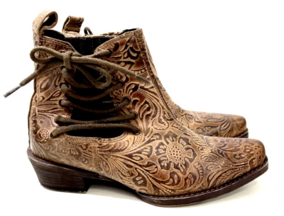 Roper Embossed Floral Leather Ankle Boots Brown Womens 6.5 - Image 1 of 4