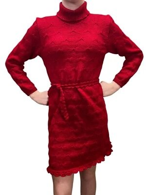 S~M Vtg 60s 70s MOD MINI Sweater Dress Red Hand KNIT Wool Turtleneck Scalloped - Image 1 of 4