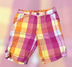 Kid Zone Girls 4T Pink Plaid Cotton Shorts Cuffed Buttons Pockets Elastic Waist - Picture 1 of 10