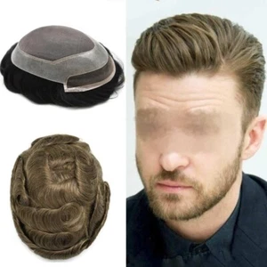 Lace Front Men Toupee Hair Replacement System Mono Poly Skin Human Hair Piece US - Picture 1 of 51