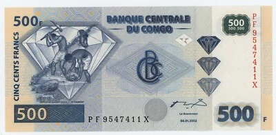 Congo Dem. Rep. 500 Francs 4-1-2002 Pick 96C UNC Bankonte Printer Orell Fussli - Image 1 of 3