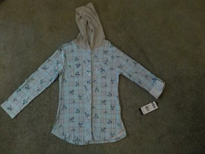 Girl's Hooded Flannel Shirt, Blue flowered Plaid, Long Sleeves, Small,  7/8, New - Picture 1 of 12