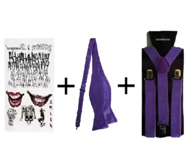 Joker Temporary  Tattoo + Self Bow Tie + BRACES Halloween PURPLE set - Image 1 of 2