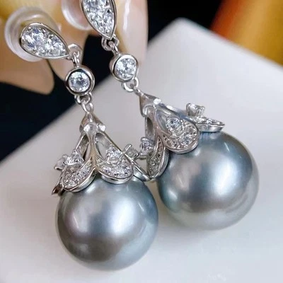 Par de pendientes colgantes redondos gris plata genuina del Mar del Sur de 10-11 mm naturales Foto 1 de 4