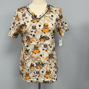 NWT Thanksgiving Scrub Top M Pugs Pumpkin Spice Scrubs Cherokee Dogs Autumn - Picture 1 of 7