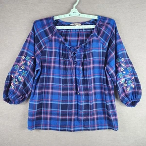 Pioneer Woman Shirt Womens Medium Blue Plaid Embroidered Floral Peasant Top Boho - Picture 1 of 20
