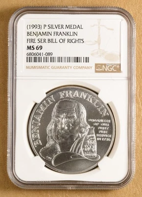 (1993) P Benjamin Franklin Silver Medal 'Fire Service Bill of Rights' NGC MS69 - Image 1 of 2