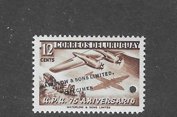 Uruguay 1952, 12c U.P.U., trial color, WATERLOW SPECIMEN ovpt., NH #600 - Image 1 of 1