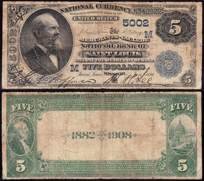 Nice *SCARCE* 1882 $5 ST. LOUIS, MO 2nd Charter National Banknote! FREE SHIPPING - Image 1 of 3