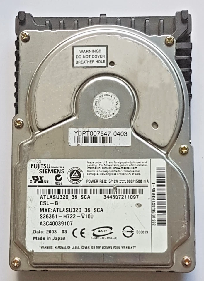 36 GB Fujitsu Atlas KU36J4G1 A3C40039107 10K Ultra320 SCSI 80pin 3.5 " Hard - Image 1 of 1