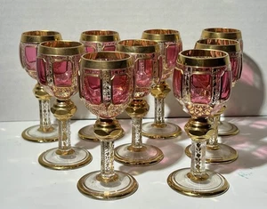 Antique Rare MOSER Set of 9 Cranberry / Pink Cordial Glasses 4 1/4” Tall - Picture 1 of 7