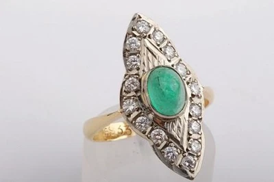 Ring Smaragd Cabochon 7x5 mm 0,8ct Brillanten 0,32ct 14K Gelbgold Luxus * - Bild 1 von 4