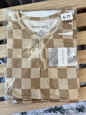 *New In Bag* Forever French Baby 6-7Y Bamboo Long Sleeve Henley Pj Set Checkered - Image 1 of 3