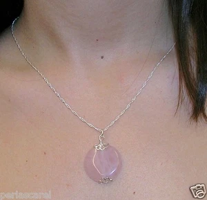COLLAR COLGANTE de CUARZO ROSA Disco 25 mm y CADENA PLATA de ley 925 a 45 cm - Imagen 1 de 3