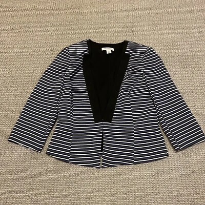 WHBM Blazer Womens 10 Jacket Striped 3/4 Sleeve Blue Gray Collar Lined Black - Image 1 of 4