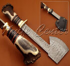 BEAUTIFUL CUSTOM HAND MADE DAMASCUS HUNTING TOMAHAWK AXE KNIFE HANDLE STAG END