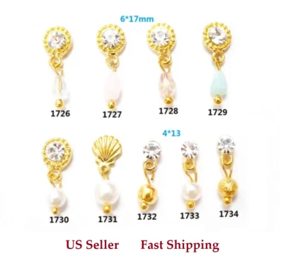 4pc New 3D Gold Shell Pearls Crystal Rhinestones Dangles Pendants Nail Art Decor - Image 1 of 2