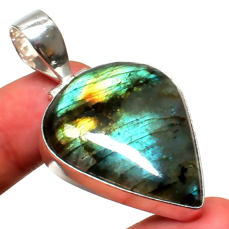 Colgante de joyería de plata de ley 925 hecho a mano con piedras preciosas de labradorita de fuego talla 2" Foto 1 de 1