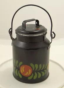 Black Heavy Tin Toleware Canister w Removable Top Fruit Green Leaves Kitchen - Picture 1 of 6
