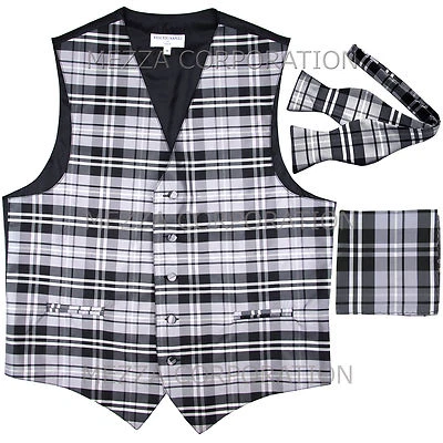 New Vesuvio Napoli Men's plaid Tuxedo Vest_Self Tie Bowtie & Hankie set Gray - Image 1 of 4
