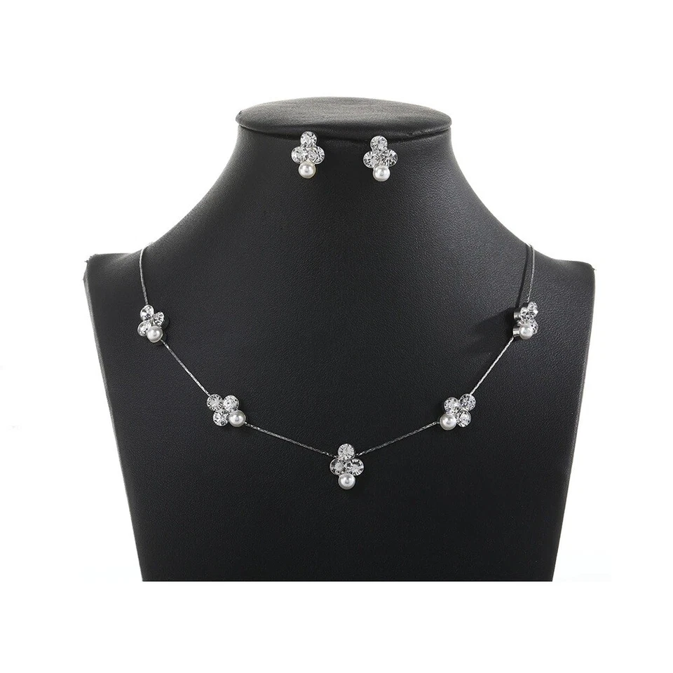 Braut Hochzeit Schmuck Sets Perlen Silber Farbe Strass Frauen Halskette Set  Sch - Bild 1 von 1