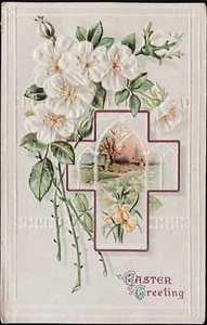 OSTERPOSTKARTE UM 1910 (A28) ~ GEPRÄGT "OSTERNGRUß" Blumen und Kreuz - Bild 1 von 2