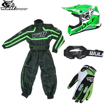 Wulf Kids Green Motocross Helmet Stratos Gloves Goggles Kart Race Suit Off Road - Image 1 of 4