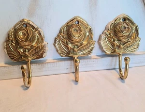 Lot of 3 VTG Brass Rose Flower Curtain Holdback Wall Hook Coat Hanger Robe Hook - Picture 1 of 17