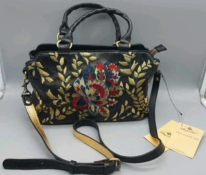 Patricia Nash Angelin Black Leather Satchel Crossbody Floral Embroidered Purse - Picture 1 of 17