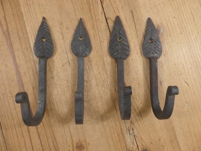 4 IRON LEAF HOOKS Coat Hat Entryway Hook 5 1/4" Long Hand Forged **SOME RUST** - Image 1 of 4