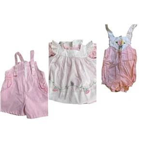 12 MONTHS Lot 3 Vintage 1980s Pink Baby Girl 1 Year Doll Dress Bibs - SEE PICS - Picture 1 of 21