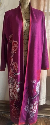 Badgley Mischka Cárdigan Largo Floral Mezcla Lana Frente Abierto Mujer Grande Foto 1 de 4